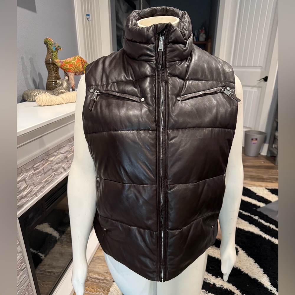 $400 retail Like New Ralph Lauren Dark Brown Leather Puffer Vest 2x